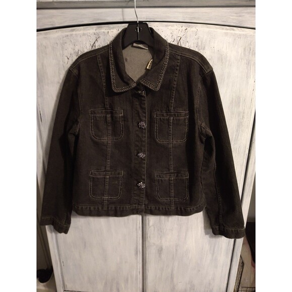 Chico's denim rhinestone flowered Jacket Sz 1 Black classic Boho Feminine - Picture 2 of 7